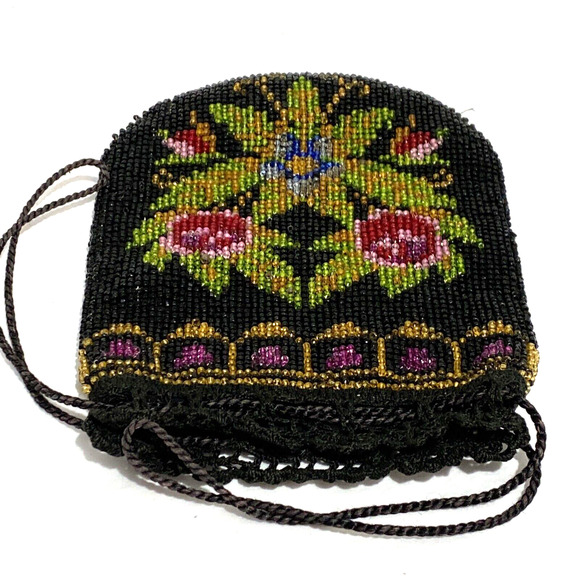 Vintage beaded pouch purse black & pink flowers crochet drawstring beggars bag - Picture 12 of 12